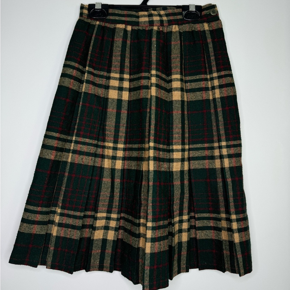 Vintage Wool Plaid Pleated Midi Skirt